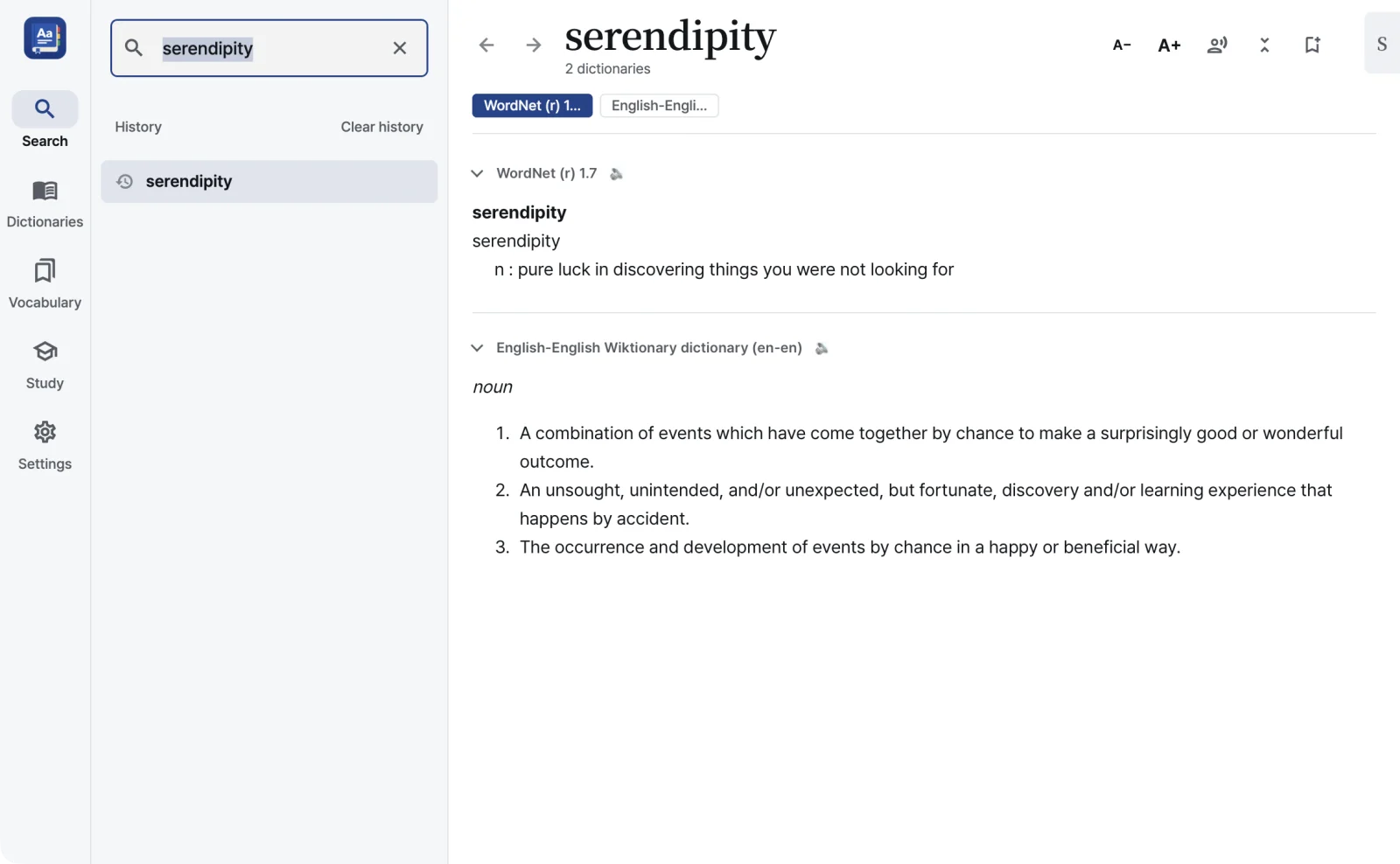 RealDict main window showing a search result